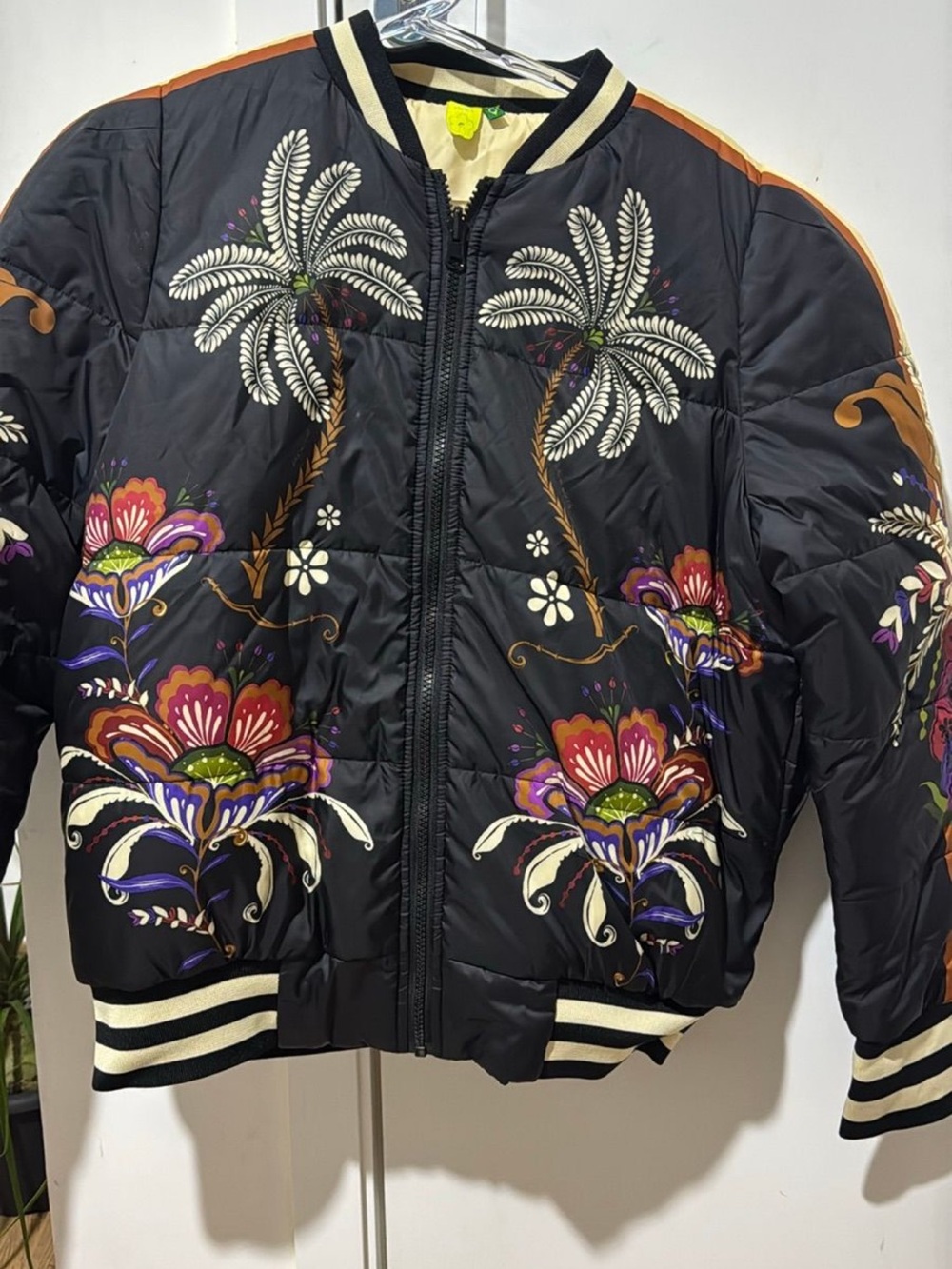 FARM Rio Black Double Faced Quilted Bomber with Floral & Palm Embroidery